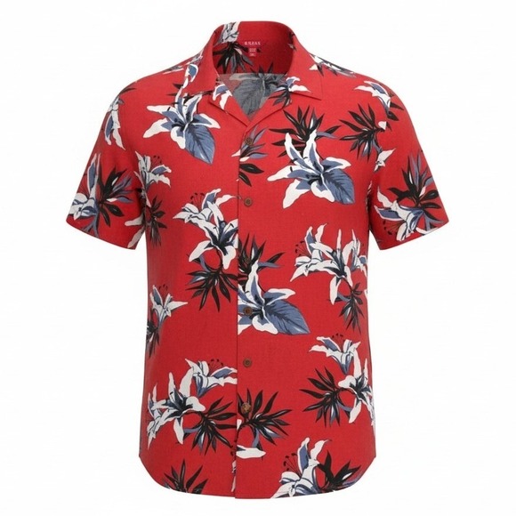 Guess Other - GUESS Mens Floral Viscose Short Sleeve Button Down Tropical Flowers Shirt Red XL